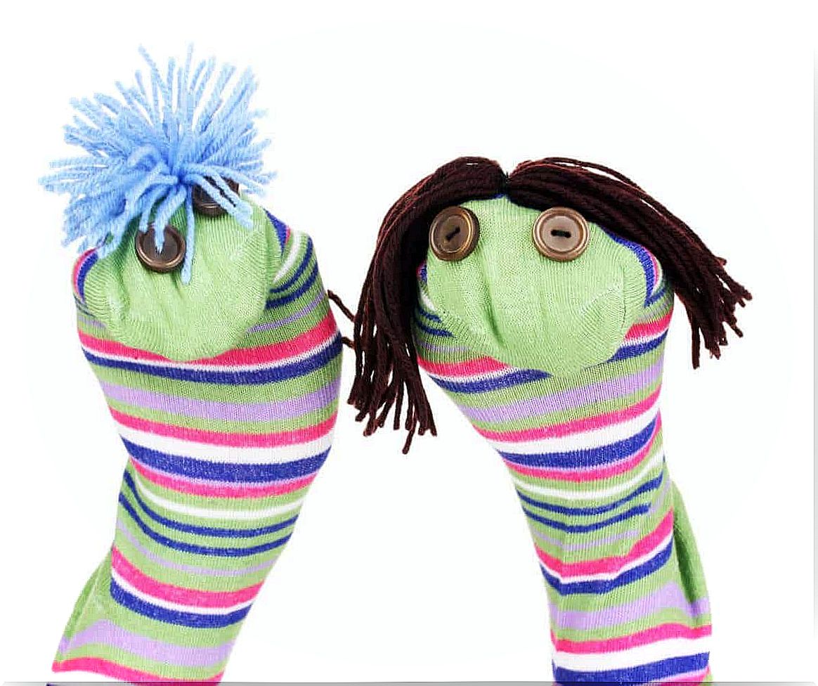 Two homemade sock puppets.