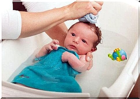 A baby in the bath