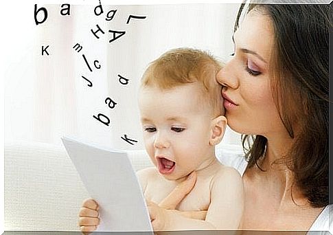 Mother reading to child to promote talking